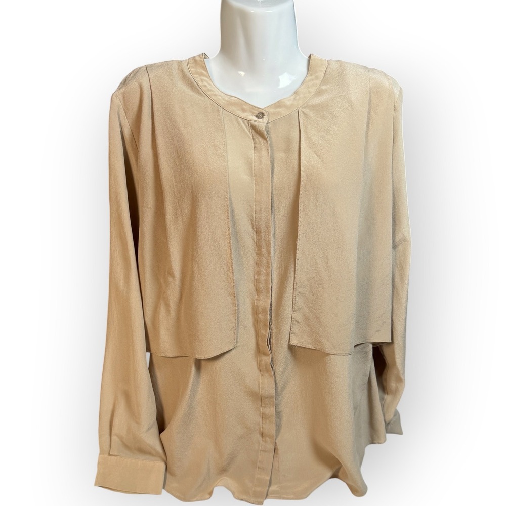 WinterSilks Womens XL Tan 100% Silk Double Front Button Blouse Top quiet luxury